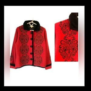 Carson Wool Jacket Red Embroidered and Beaded Faux Fur Trim